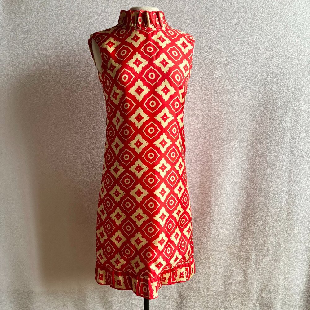 1960s 1970s Adele Simpson Orange Mod Silk Print Sheath Dress